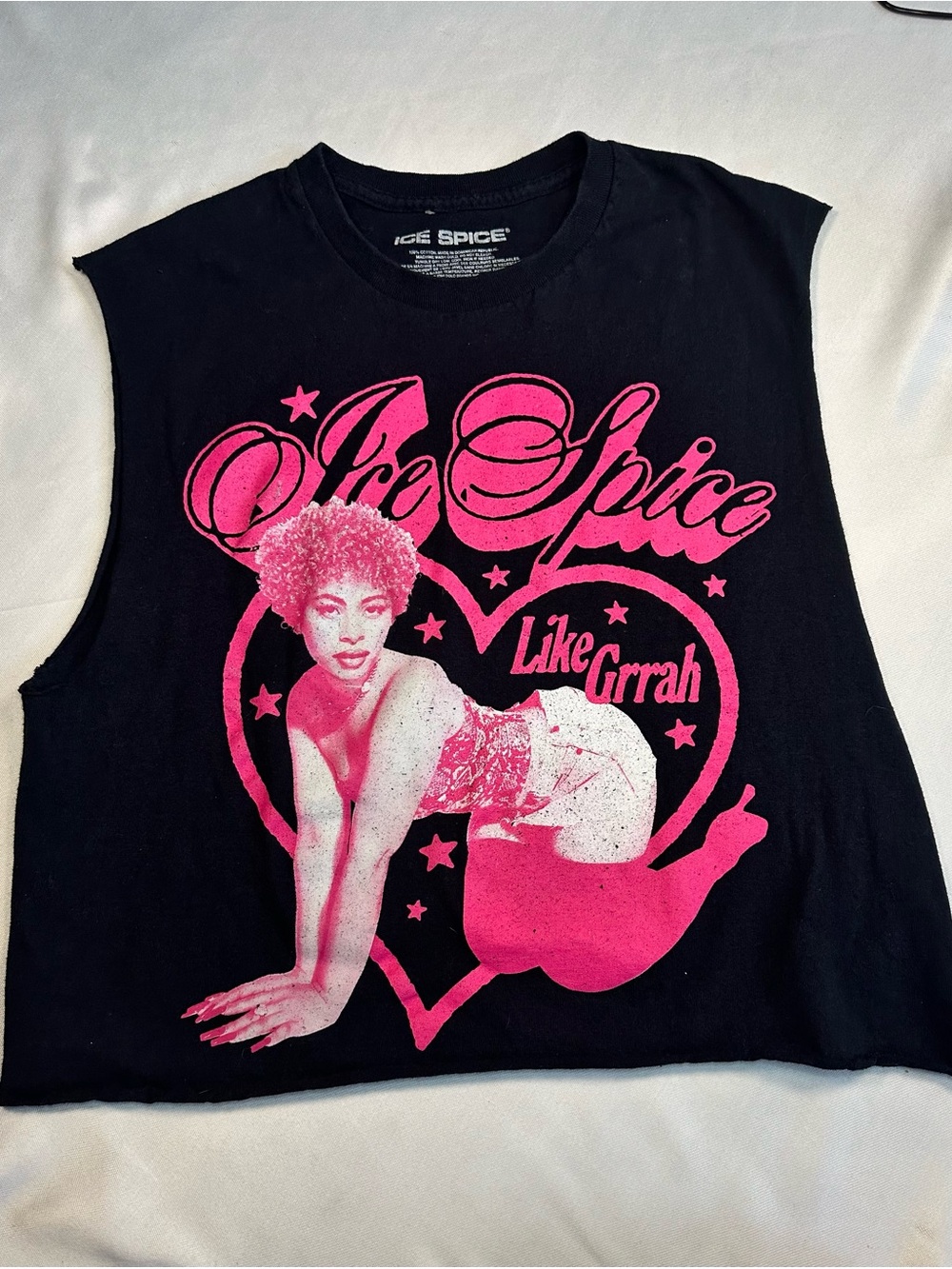 ICE SPICE Black/Pink Graphic Knit Crop Top T-Shirt Crew Neck Sleeveless L